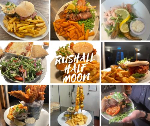a collage of pictures of different foods and food at The Half Moon Inn Rushall IP21 4QD in Pulham Saint Mary the Virgin