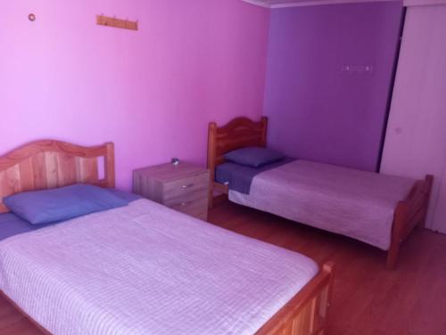 - 2 lits dans une chambre aux murs violets dans l'établissement Hostal GoTravels, à Calama