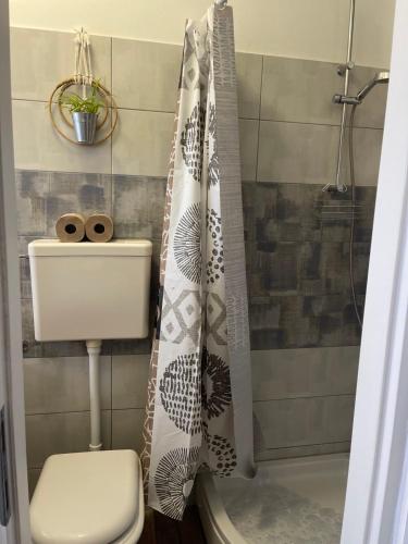 y baño con aseo y cortina de ducha. en Lennon en Vinkovci