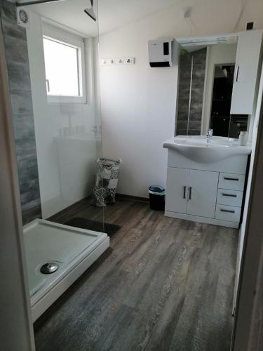 une salle de bain avec un lavabo et un miroir dans l'établissement Le Bleu du Sud, à Gruissan