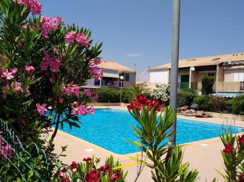 une piscine avec des fleurs roses en face d'un bâtiment dans l'établissement Le Bleu du Sud, à Gruissan