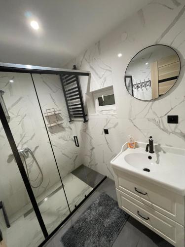 a bathroom with a shower and a sink and a mirror at NOCLEGI-SPŁYWY BUGIEM in Sławatycze