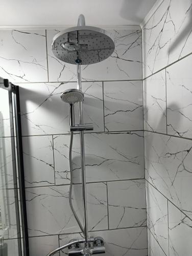 a shower with a shower head in a bathroom at Apartament HD2 in Hunedoara