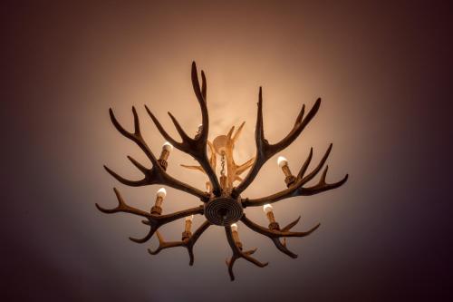 a chandelier with antlers on a wall at UNIQUE 57m2 Terraza BBQ vista mágica1-0 in Canillo
