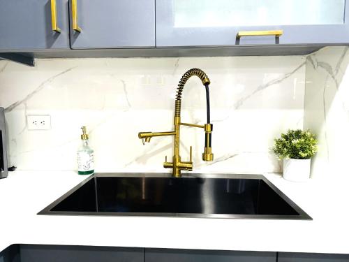 a kitchen sink with a gold faucet at Family Fun Vacation In Paradise in Santiago de los Caballeros