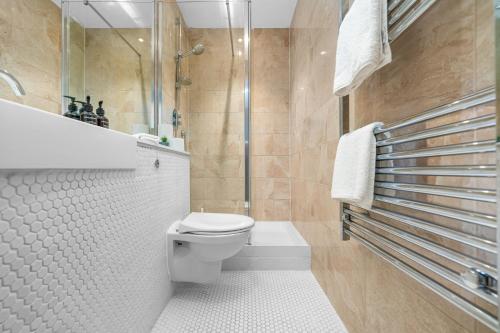 La salle de bains est pourvue d'une douche et de toilettes. dans l'établissement Sophia Gardens Apartment, à Cardiff