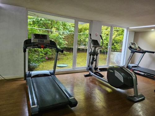 un gimnasio con dos máquinas de correr y una ventana en Departamento a minutos del Lago, en Puerto Varas