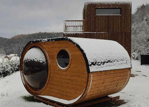 的住宿－Aux Sons des Cloches - Chalet avec Jacuzzi, Sauna et vue panoramique，木屋,上面有雪