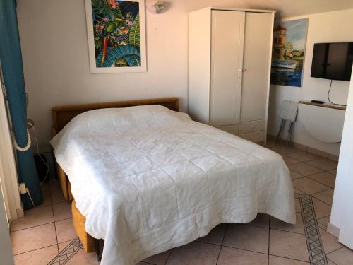 a bedroom with a bed with a white blanket on it at Très beau studio près de la mer aux Issambres in Les Issambres