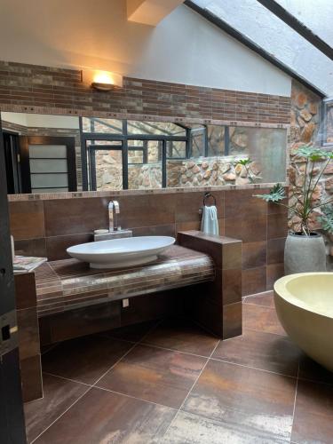uma casa de banho com um lavatório e uma banheira em Oasis On Lily Northcliff em Joanesburgo