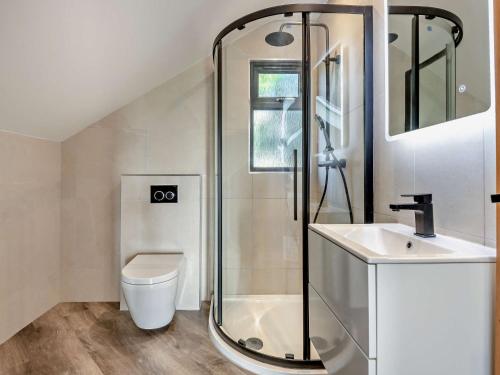 a bathroom with a shower and a toilet and a sink at 3 Bed in Damerham 93357 in Damerham
