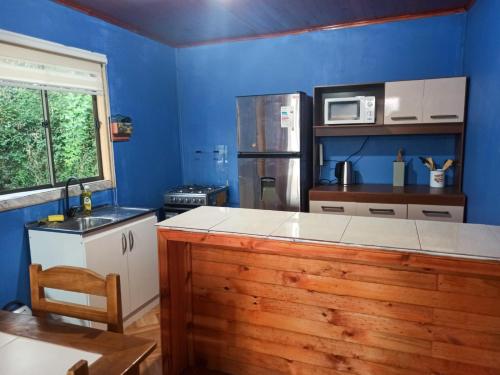 cocina con paredes azules y encimera de madera en Cabañas los tres hermanos, en Linares