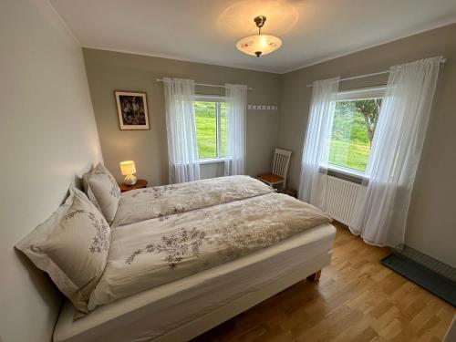 1 dormitorio con 1 cama y 2 ventanas en Litla-Sandfell Guesthouse, en Stóra-Sandfell