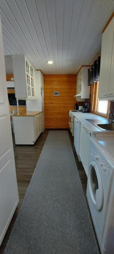 a kitchen with a washer and dryer in it at Hallan Alpit A mökki in Hyrynsalmi