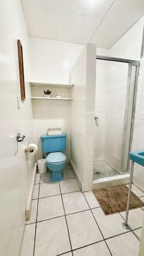 a bathroom with a blue toilet and a shower at Lindo espacio, cómodo y céntrico in San Salvador