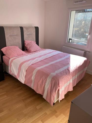 una camera da letto con un letto con lenzuola rosa e una finestra di Villa du Centre ad Annemasse