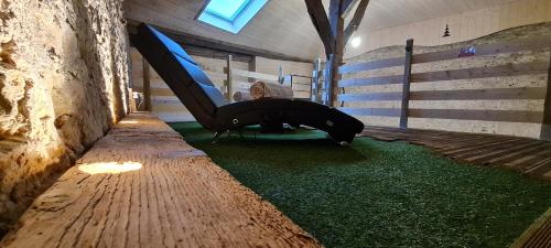 a room with a chair on the floor with green carpet at La Cabane et SPA Chez Jules in Vellerot-lès-Vercel
