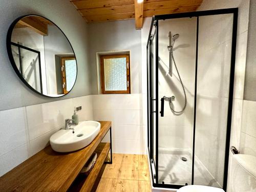a bathroom with a shower and a sink and a mirror at Amalka Wita in Sulęczyno