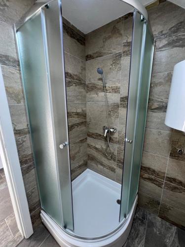 a shower with a glass door in a bathroom at Villa Mali Vuk in Banja Luka
