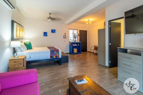 a bedroom with a bed and a couch and a tv at Antigua de Cabo in Cabo San Lucas