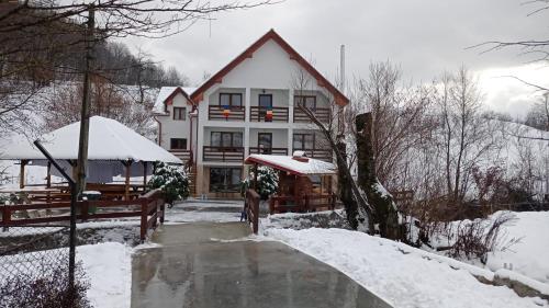 une grande maison avec de la neige au sol dans l'établissement Pensiunea Valea Toplitei, à Roşia