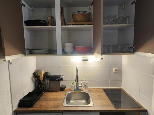 une cuisine avec un évier et un plan de travail dans l'établissement Appartement 4 personnes ski aux pieds, à Les Deux Alpes