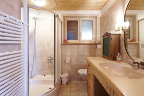 a bathroom with a sink and a shower and a toilet at Casa Bubeck in Cavagnago