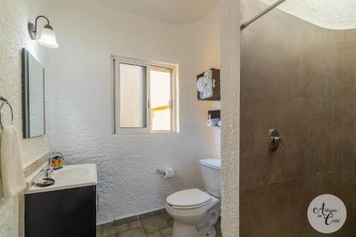 a bathroom with a toilet and a sink and a window at Antigua de Cabo in Cabo San Lucas