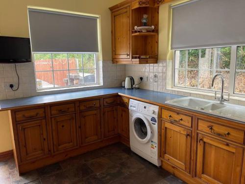 a kitchen with a sink and a washing machine at Ballinderry Station Cottage - Beautiful Holiday Cottage in Ballinderry Upper