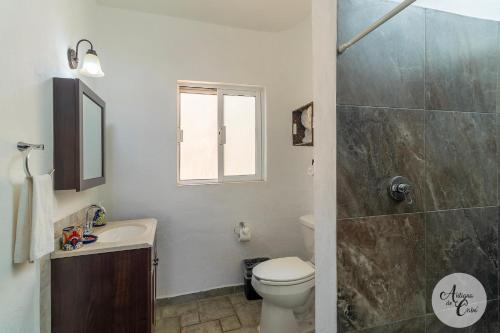 a bathroom with a toilet and a sink and a shower at Antigua de Cabo in Cabo San Lucas