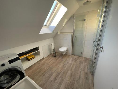 uma casa de banho com um WC, um chuveiro e uma máquina de lavar roupa em Ferienhaus Helfert FeWo2 em Niemtsch