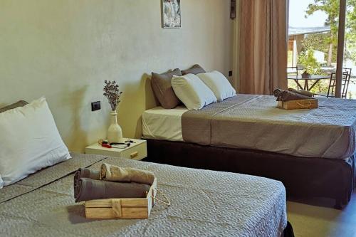 2 Betten in einem Hotelzimmer mit Zugang in der Unterkunft Casa Tres Vientos in Guasculile