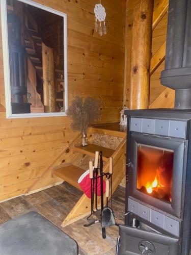 a fireplace in a log cabin with a stove at Drinka in Ljubovija