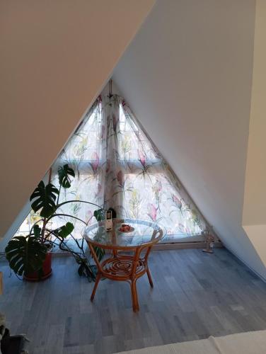 a glass table in front of a large window at Varázskuckó Apartman in Sümeg