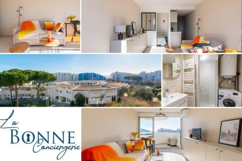 un collage de photos d'une chambre et d'un salon dans l'établissement Cap sur le sud * Vue Mer * Clim * Parking * wifi * Couchant *, à La Grande Motte