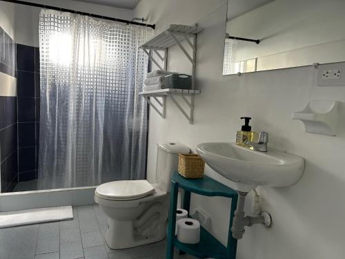 Baño blanco con aseo y lavamanos en Miss Francia´s Home, en Santa Catalina Island