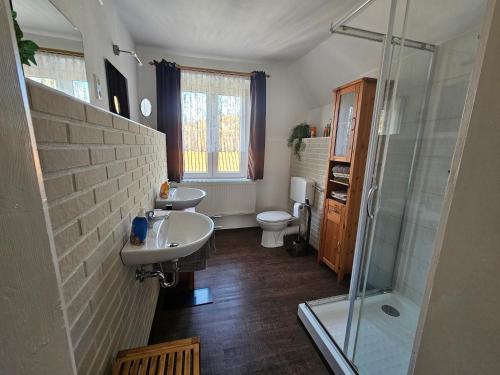 uma casa de banho com 2 lavatórios e uma cabina de duche em vidro. em Ferienhaus und Straußwirtschaft im Weinberg em Freyburg