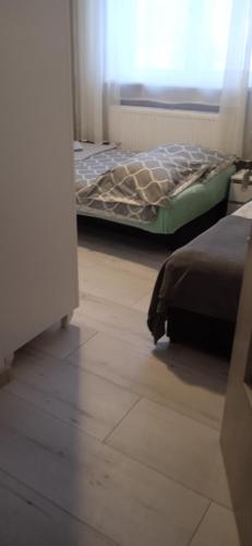 a bedroom with two beds and a wooden floor at Agroturystyka U Baltazara in Duszniki Zdrój