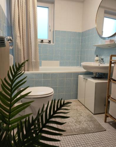 a bathroom with a toilet and a sink at GROẞE und ZENTRALE Ferienwohnung in KÖLN nähe Messe und Lanxess Arena in Cologne