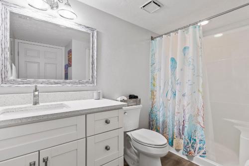 a bathroom with a toilet and a sink and a mirror at Kiawah Bay 106 in New Smyrna Beach