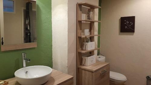 a bathroom with a sink and a toilet at Maison rénové en pierre in Crotenay