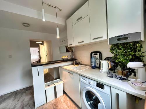a kitchen with white cabinets and a washer at Sal Apart in Timişoara
