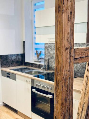 a kitchen with a stove and a sink at Harzheimat-Goslar Appartement in Goslar