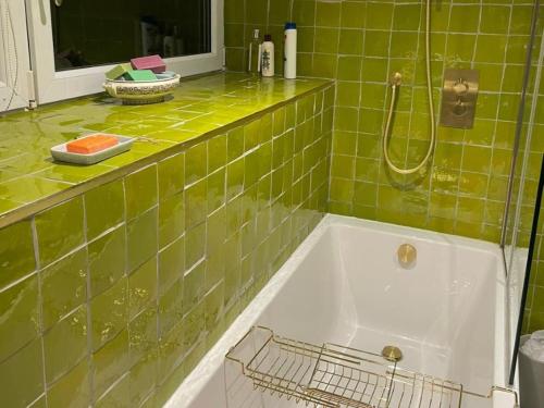 La salle de bains est pourvue de carrelage vert, d'une baignoire et d'une douche. dans l'établissement 3 Bed in Llandovery 76381, à Ystrad-ffin