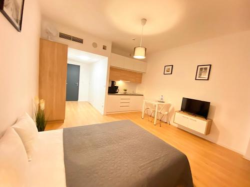 Cet appartement comprend une chambre avec un lit, une télévision et une cuisine. dans l'établissement Apartimento Hydral Arte, à Wrocław