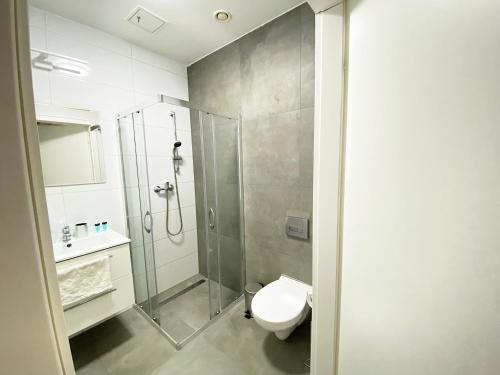 a bathroom with a shower and a toilet and a sink at Apartimento Hydral Arte in Wrocław