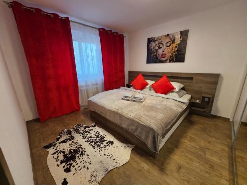 een slaapkamer met een bed met rode kussens en een raam bij Moderní velký byt 2+kk u soutoku in Hradec Králové