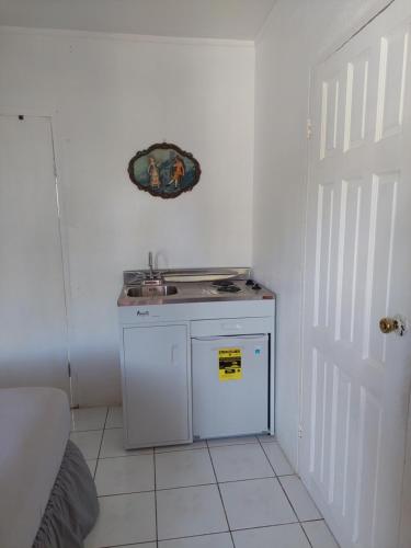 a small white kitchen with a sink and a door at Hunter's Place - Tim Pappies in Port Antonio