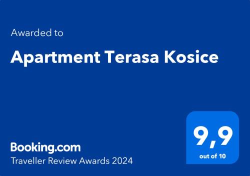 Certifikát, hodnocení, plakát nebo jiný dokument vystavený v ubytování Apartment Terasa Kosice
