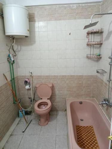 La salle de bains est pourvue de toilettes roses et d'une baignoire. dans l'établissement El manzel, à Assouan
